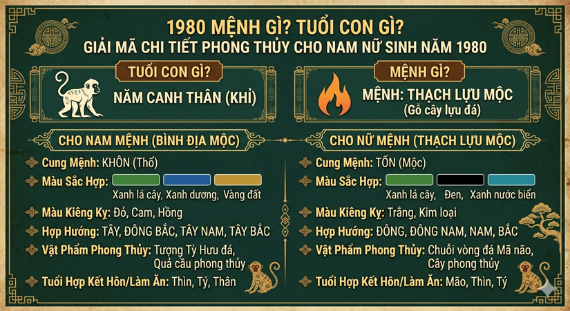 1980 mệnh gì? Tuổi con gì? Giải mã chi tiết phong thủy cho nam nữ sinh năm 1980
