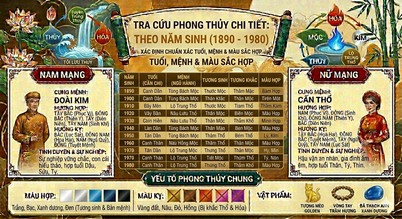 Tra cứu tuổi, mệnh & màu sắc hợp phong thủy theo năm sinh (1890 – 1980) chuẩn nhất